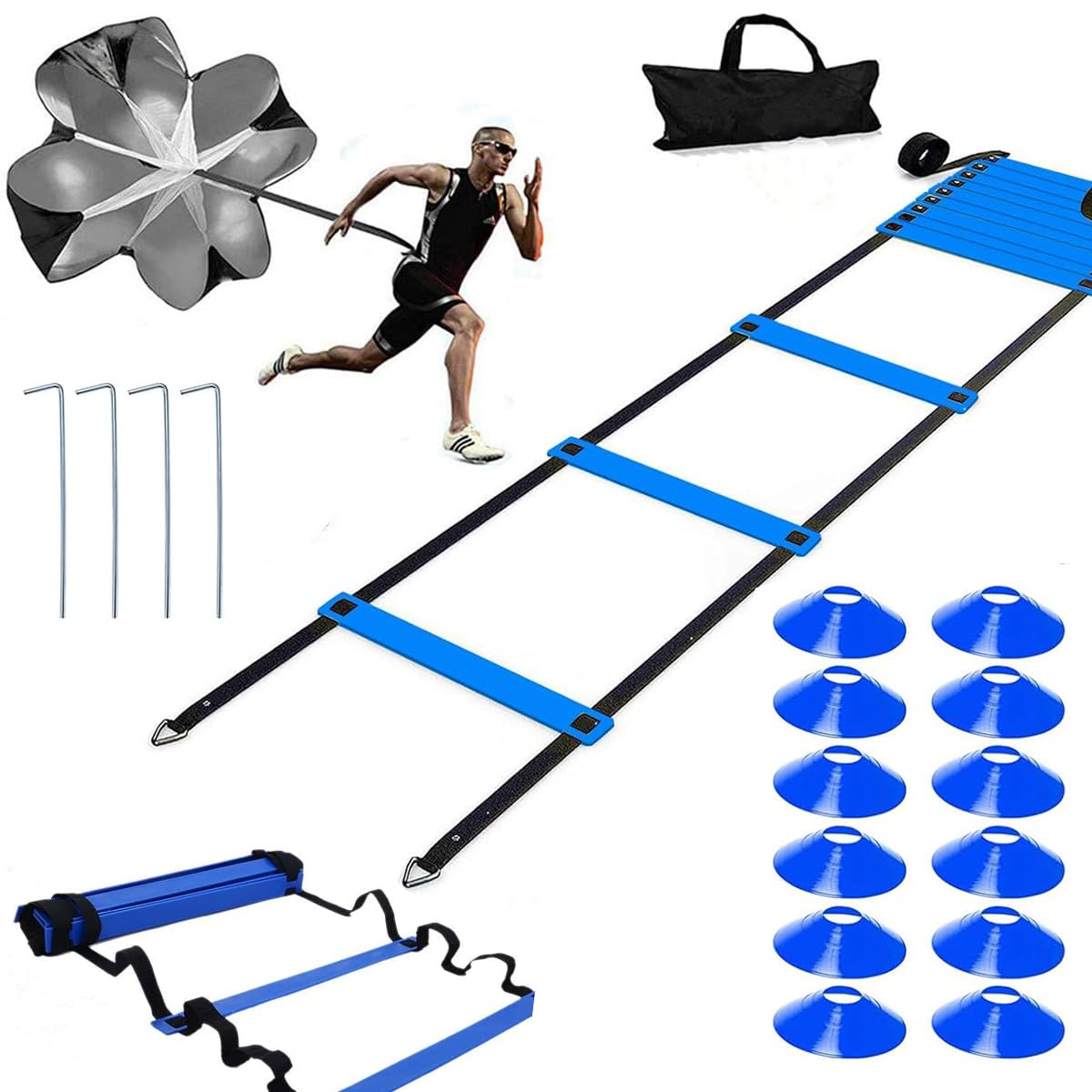XINXIANG 20ft Sports Agility Ladder, Agility Training Equipment for Football, Exercise, Tennis, Legs Workout with Speed Parachute, Cones and Carry Bag