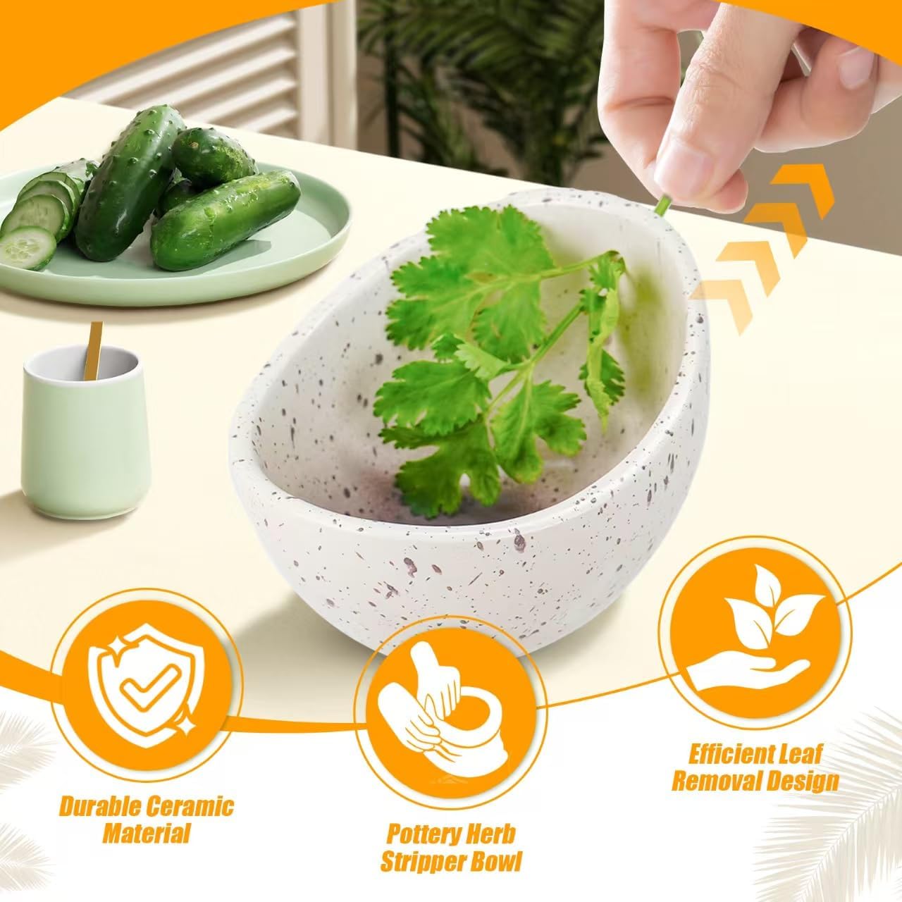 Rimigood Handmade Ceramic Herb Stripper Bowl - Kitchen Herbs Leaf Stripping Tool Pottery Herb Peeler for Kale, Thyme, Basil, Rosemary (White)