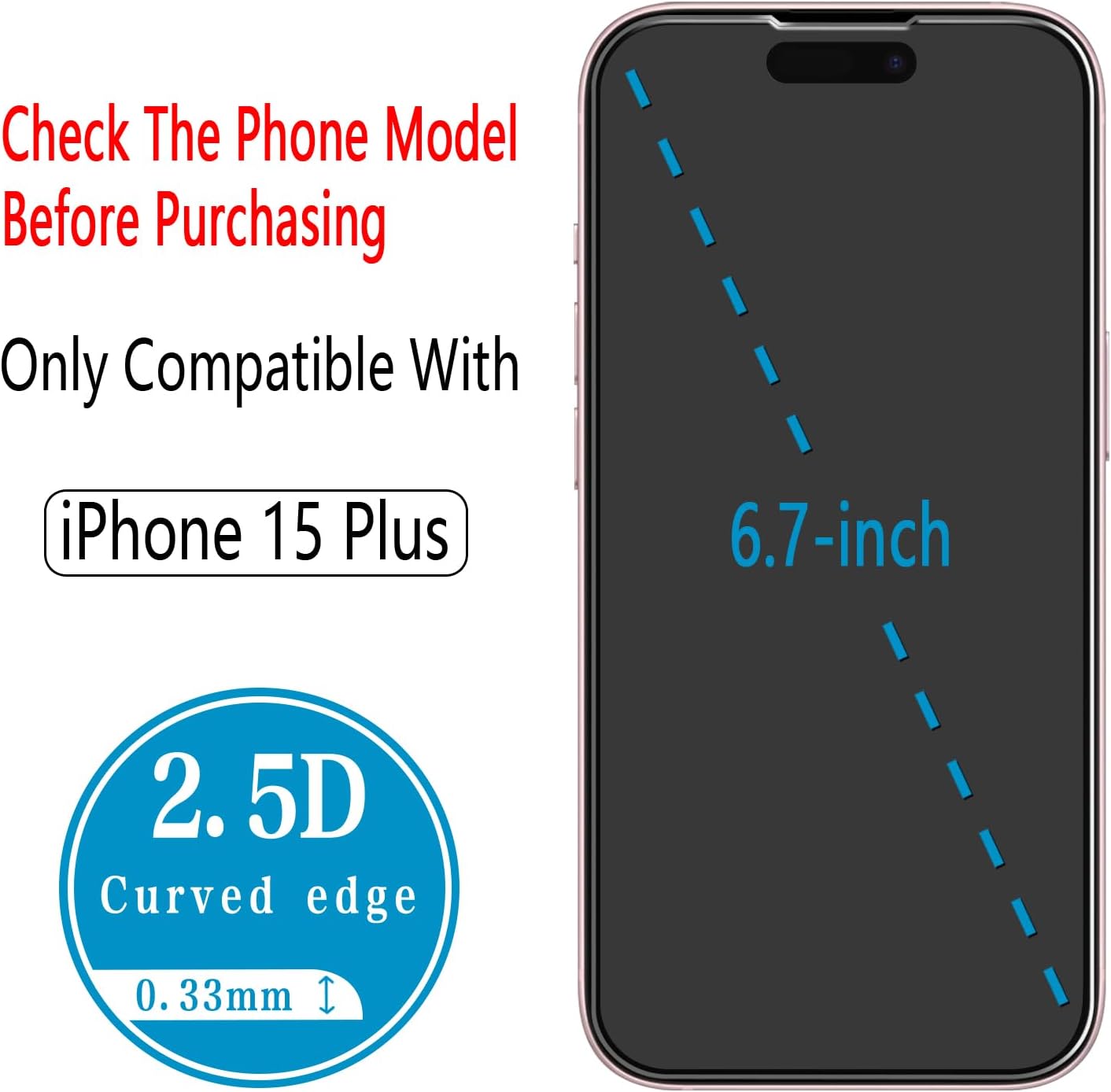 (2 Pack) 15 6.7 inch 9H Tempered Glass for iPhone Plus Screen Protector, Easy to Install, Bubble Free, Hardness
