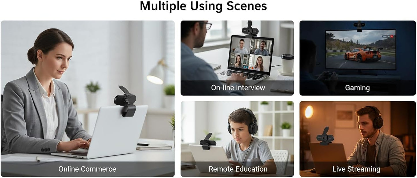 TOYAYAYO 2K HD Webcam with Microphone, Noise Cancellation, Privacy Cover, Wide-Angle Lens, Auto Light Correction, Plug
