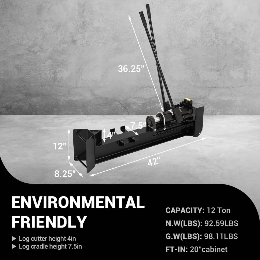 EliteEdge 12 Ton Manual Hydraulic Log Splitter, Heavy Duty Horizontal Firewood Splitter with Steel Frame & Transport Wheels for Farm, Backyard & Homestead