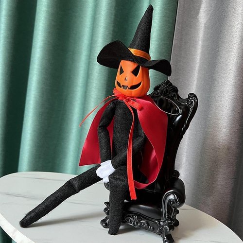 DANONI Halloween Pumpkin Elf Doll - Handmade Toy with Black Hat & Cape for Autumn Decor (Red)