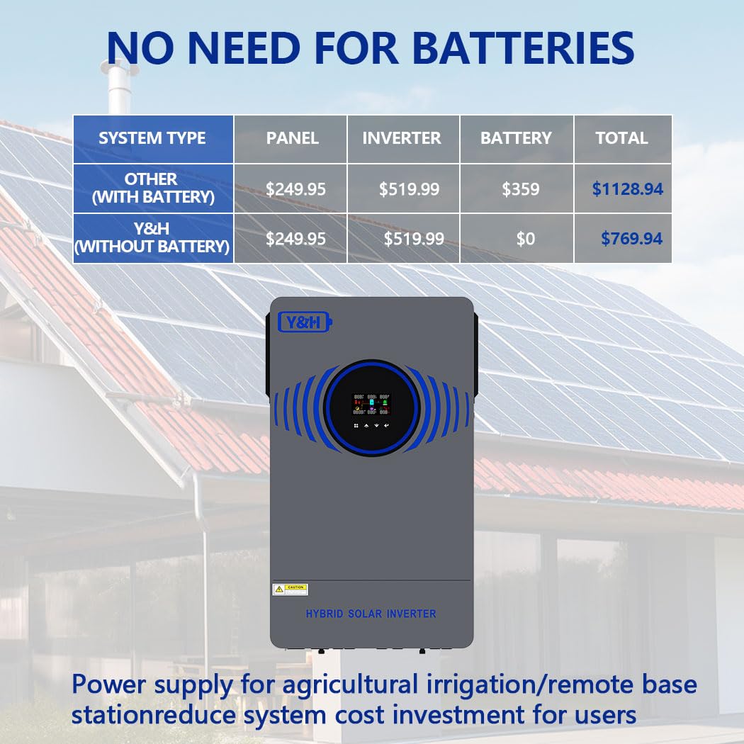 Y&H 6200W Hybrid Solar Inverter DC 48V to AC 230V Pure Sine Wave, Battery-Free Start Supported, with 120A MPPT Solar Charger, Air/Lightning Switch, for 48V LiFePO₄/Lead Acid, Home & RV Solar System