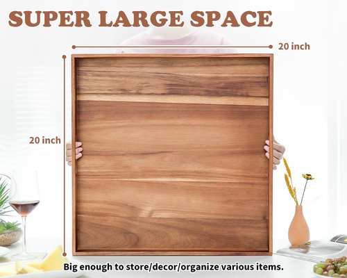 Large Ottoman Tray for Living Room, 20" Extra Large Wooden Tray for Ottoman Square Big Acacia Serving Trays with Handles for Coffee Table, Breakfast, Appetizers, Dinner