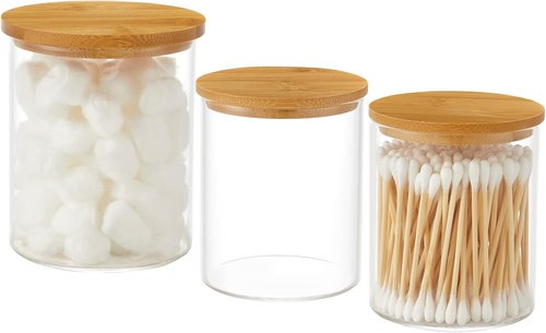 INIUNIK Glass Qtip Holder Dispenser Set - 3 Pack Clear Apothecary Jars for Bathroom Organization | 20 oz & 11 oz