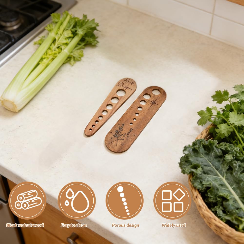2 Wooden Vegetable Leaf Separator,Vegetable Leaf Herb Stripper Chopper Tool,with 2 Cleaning Brush,Fun Kitchen Gadgets,Exquisite Herb Stripper Bowl Gifts for Kitchen Home Chefs