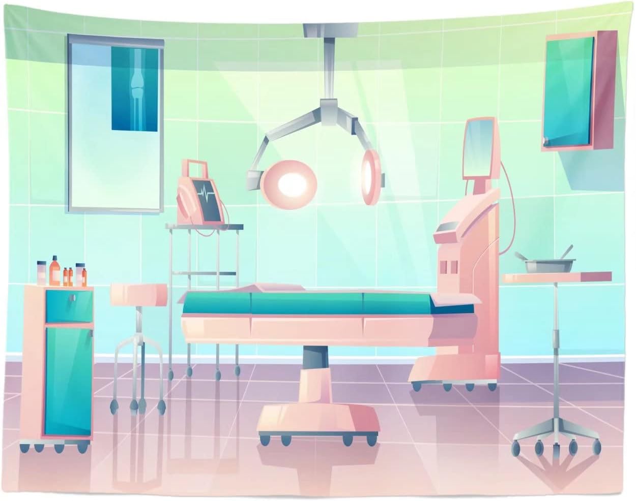 BELECO 8x6ft Fabric Cartoon Hospital Operating Room Backdrop Doctor Surgery Anesthesia Bed Medical Equipment Background