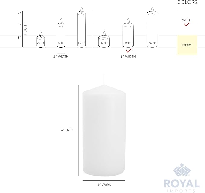 Royal Imports Pillar Candles White Unscented Premium Wax, 60 Hours Burning for Wedding, Spa, Party, Birthday, Holiday, Bath, Home Decor - 3"x6" Inch - Set of 12