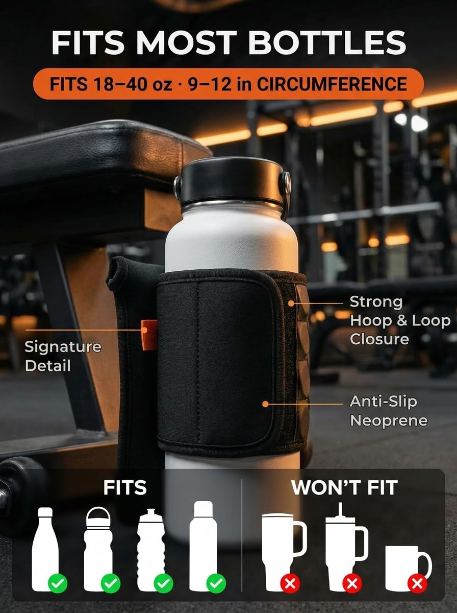 Magnetic Water Bottle Sleeve for Gym - Fits 18-40oz Bottles, 9-12 in Circumference - 4 Magnets Attach to Metal Equipment - Phone Pocket for iPhone 17 Pro Max - Black Neoprene (Bottle Not Included)