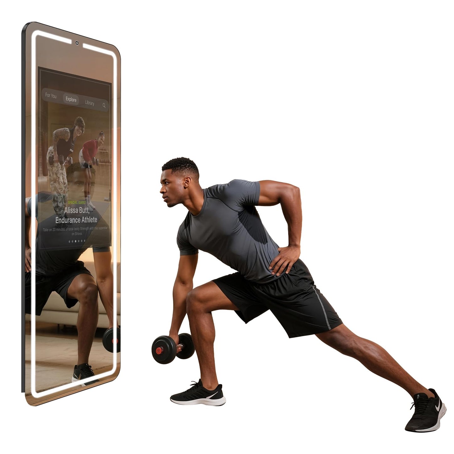 Smart Gym Mirror for Home Workout | 32" HD Touch-Screen Andriod 12 OS | 61" Reflective Surface | No VIP Fees Support Various APP, Voice Control, Music Sync LED Strip Lights, for Home Gym/ Yoga/ Dance