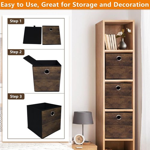 Folzaelar 4 Pack Durable Storage Cube Bins with Decorative Wood Grain,Thickened Fabric Box,Storage Basket for Shelves,Closet,Storeroom,Bedroom,Living Room,Nursery,Office,Dorm,RV, 12x12x12in ( (Medium)