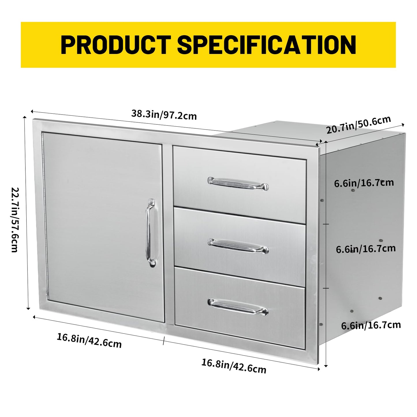 SGOLAN Outdoor Kitchen Door Drawer Combo Cabinet 38.1W x 22.6H x 20.8D BBQ Access Door&Triple Drawers Combo, Stainless Steel Handles for Outdoor Kitchen Island