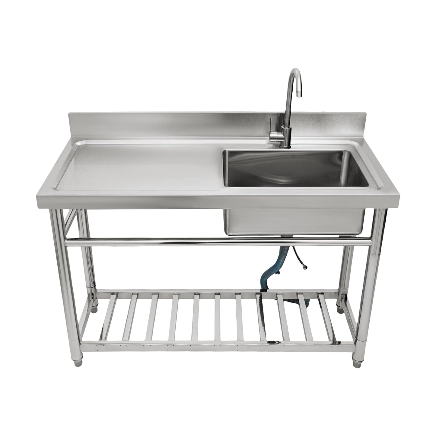 47.2" Stainless Steel Utility Sink with Faucet, 1 Compartment Free Standing Single Bowl Sinks, Commercial Restaurant Kitchen Sink Set with Storage Shelf for Indoor Outdoor