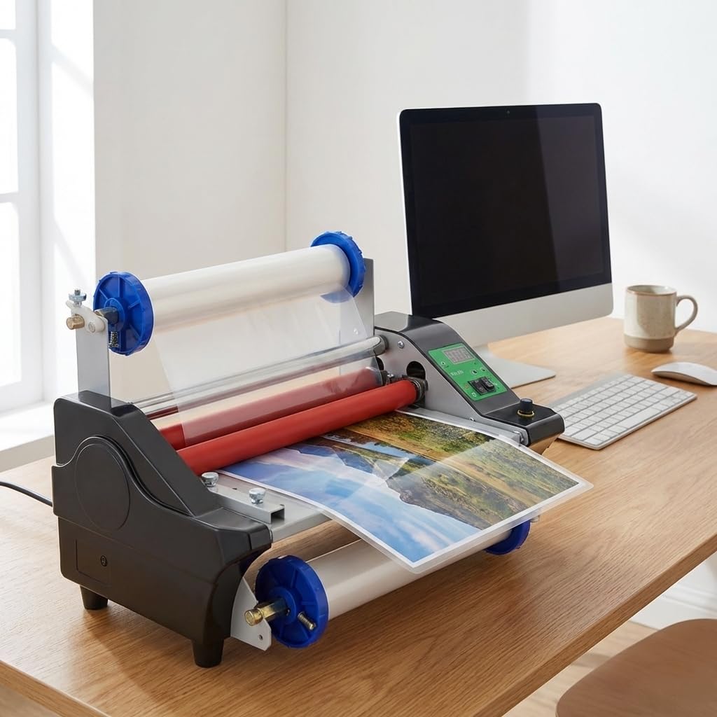 MXBAOHENG 13.78” Laminating Machine with 2 Rolls of Film, 110V Hot Cold Roll Laminator with Adjustable Speed Function, A3/A4 Digital Display Electric Laminator, Single- & Double-Sided Lamination