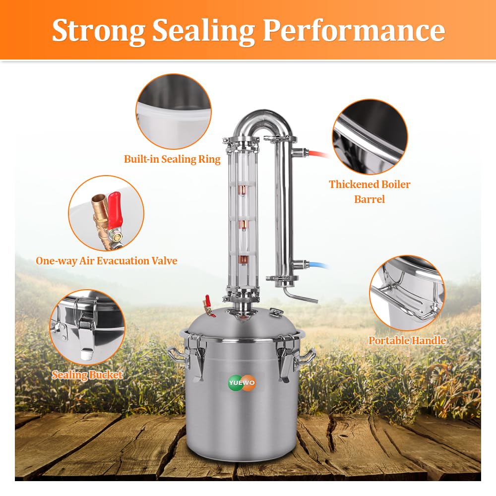 YUEWO Alcohol Still 5.8GAL/13.2GAL Stainless Steel Alcohol Distiller Home Brewing Distillery Kit with 2” Crystal Still Column for DIY Whisky Wine Brandy Gin Vodka Alcohol Making