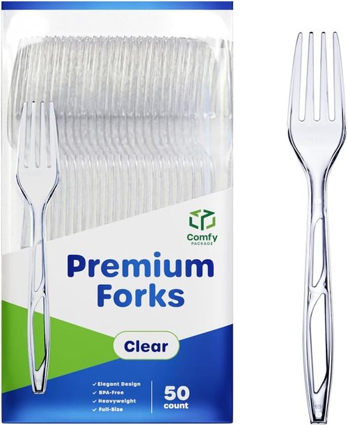 Comfy Package Premium Heavyweight Disposable Forks - Clear Plastic Cutlery for Parties | 50 Count