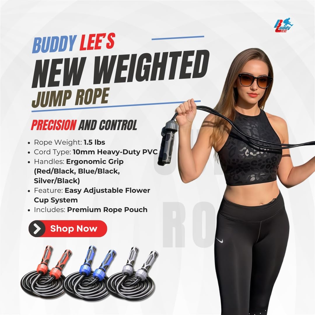Buddy Lee Weighted Jump Rope 1.5 lbs – Heavy-Duty 10mm PVC Rope with Adjustable Length, Power Grip Handles & Carry Pouch – Grey/Black | Jump Rope