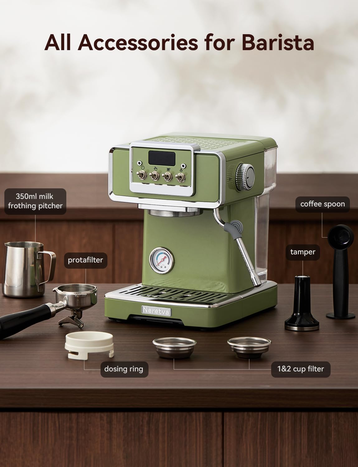 Neretva Espresso Machine, 58mm Professional Espresso Coffee Machine 15 Bar Retro Espresso Maker with Powerful Milk Frother & Visible Pressure Gauge for Home Barista Latte and Cappuccino Maker-Green