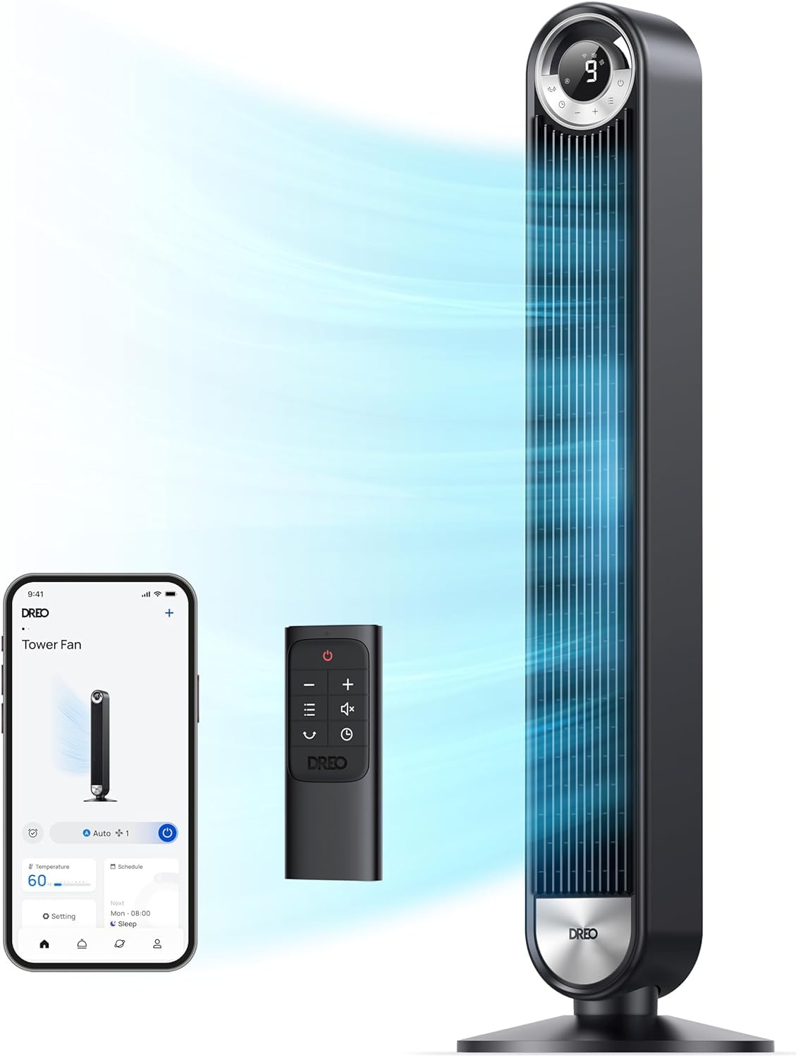 DREO Smart Tower Fans for Home, 90° Oscillating Fan Bedroom Indoors, Voice Control Floor with 12H Timer, 42 Inch Quiet Bladeless Standing LED Display, 9 Speeds, Work Alexa/Google