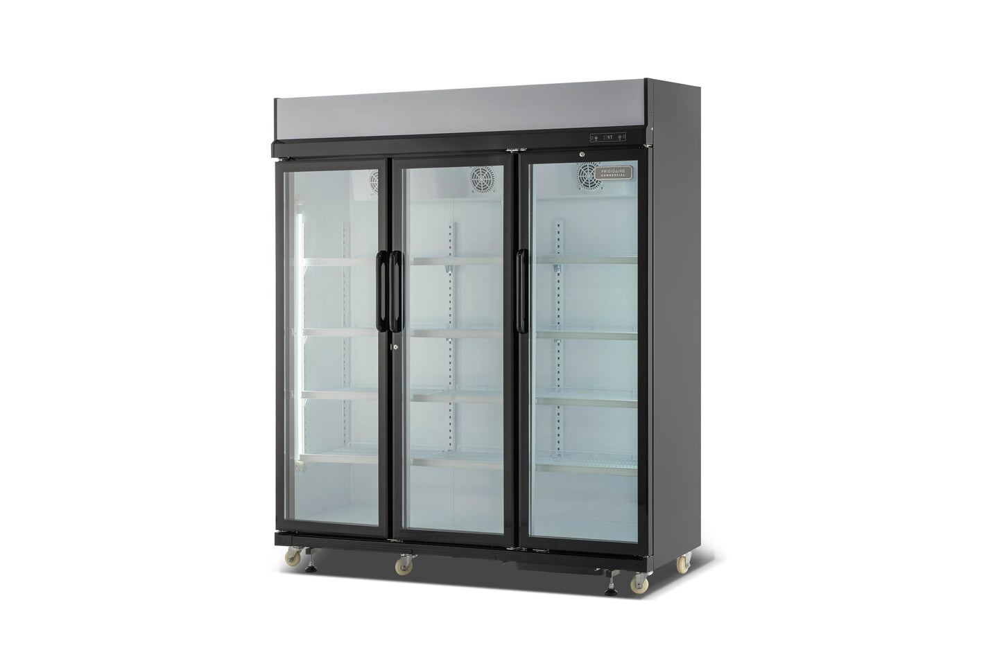 Frigidaire Commercial, 70.9" Triple Door Glass Display Refrigerator, Merchandiser Fridge, 49 Cu Ft, LED Lighting, 8 Wire Shelves, Digital Temperature Control, Self-Closing Glass Doors