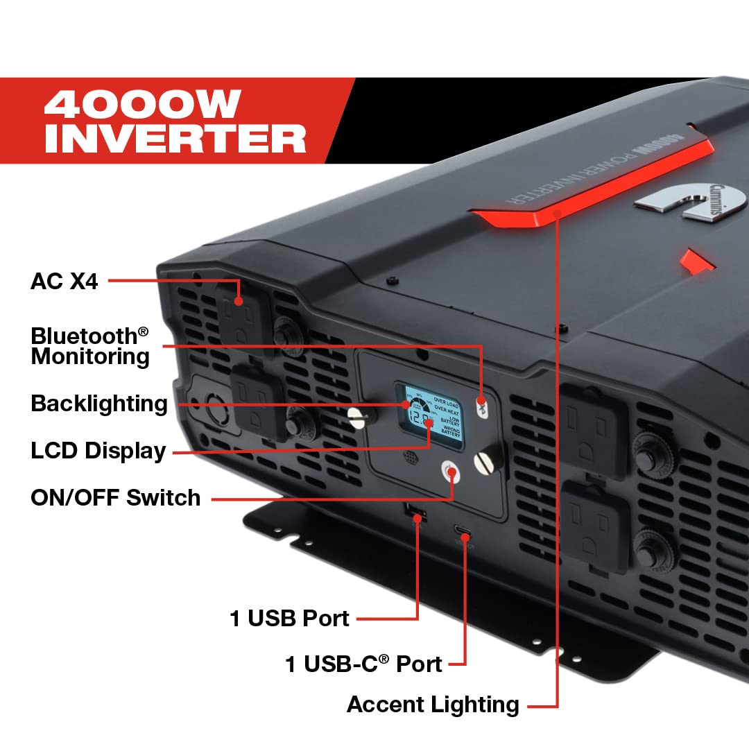 Cummins 4000 Watts Inverter Modified Sine Wave Truck Inverter 12 Volts to 110 Volts Four AC Outlets Two USB Ports (Plus Cable Kit)- CMN4000W - Inverters for Vehicles, Van Life, Camping