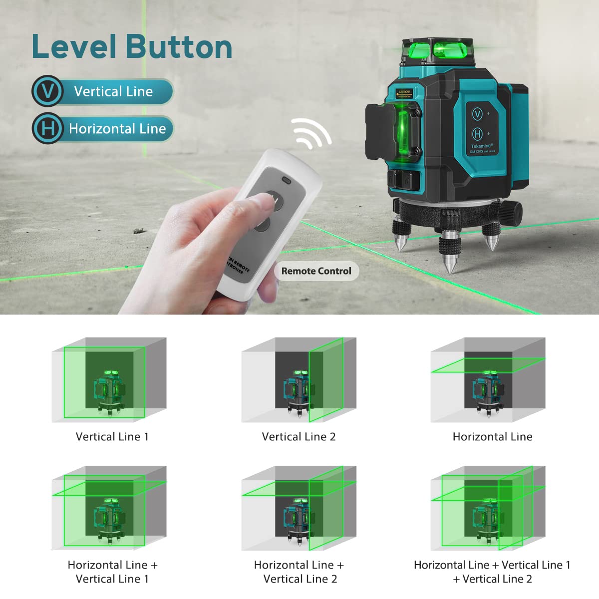 Takamine 3x360° 12 Lines Self Leveling Green Laser Level, 3D Cross Line for Construction/Picture Hanging with Removable Li-ion Battery, Remote Controller, Magnetic Rotating Stand and Hard Case