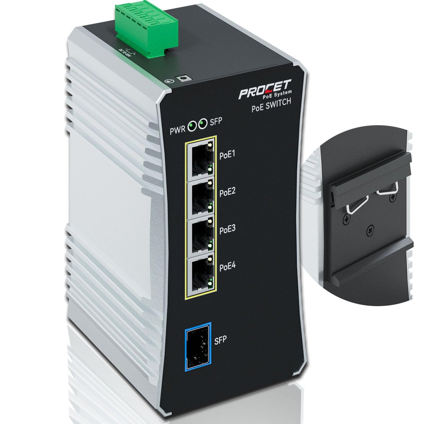 PROCET Gigabit PoE Switch 4-Port Din Rail, 90W/Port, Industrial PoE++ Fiber Media Converter with Wide Temp -40°F to 149°F, SFP Slot, Boost, 12-57V DC Input, IEEE802.3af/802.3at/802.3bt, PT-PIS4PB1S-E