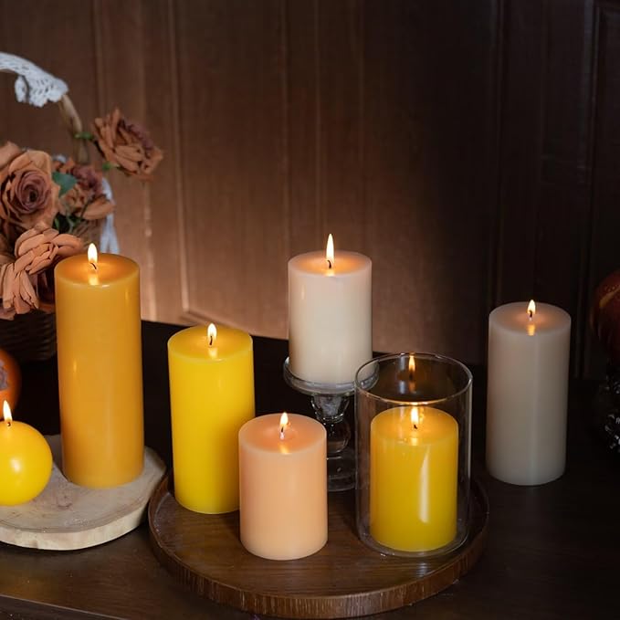 MOZEAL 3" x 4" Hand-Poured Unscented Candle, Dripless Pillar Candle Set of 3, Long Clean Burning, Approx 72 Hours Burn Time, Rustic Country Style, Wedding, Harvest Time, Home Decor, Spicy Mustard