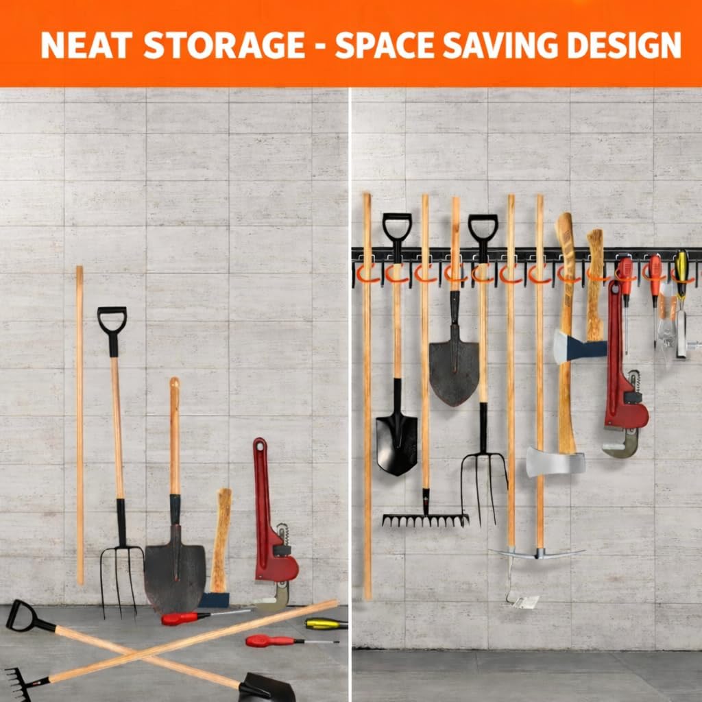 TVKB 68'' All-Metal Garden Tool Organizer - Adjustable Wall-Mount Storage with Heavy-Duty Hooks