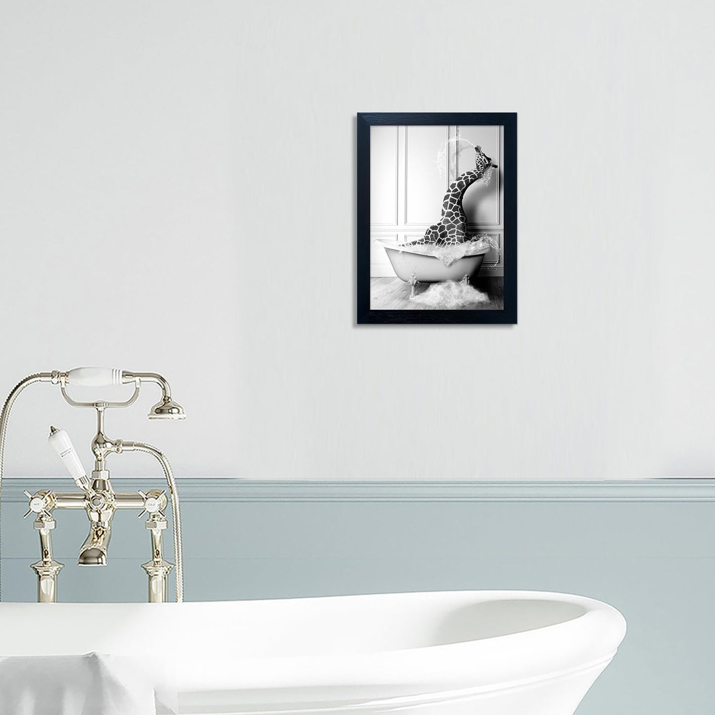 Skiennix Framed Animal Bathroom Wall Art - Funny Giraffe in Bathtub Canvas Print | Black and White Decor for Kids' Bathrooms