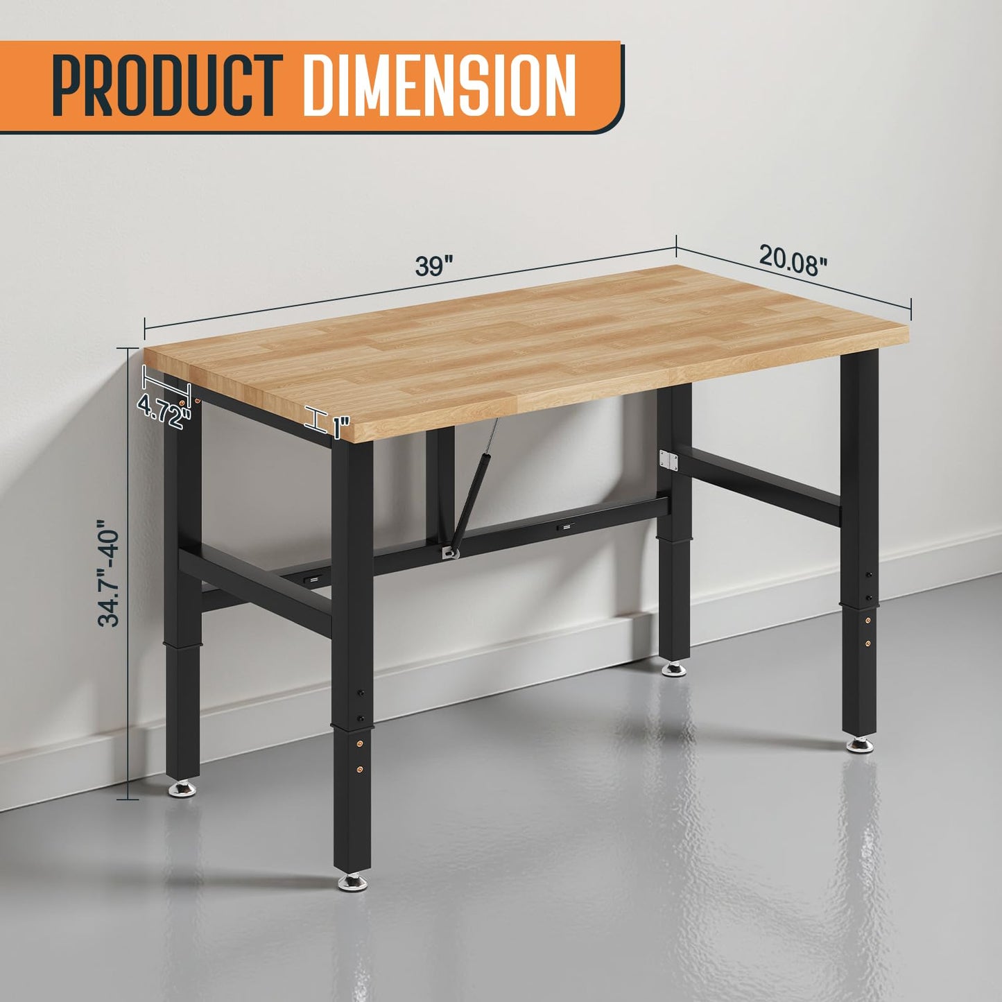 SPECRAFT Folding Workbench, Adjustable Foldable Workbench, 34.7"-40" Height Adjustable, Rubber Wood Top for Garage, Workshop, Office