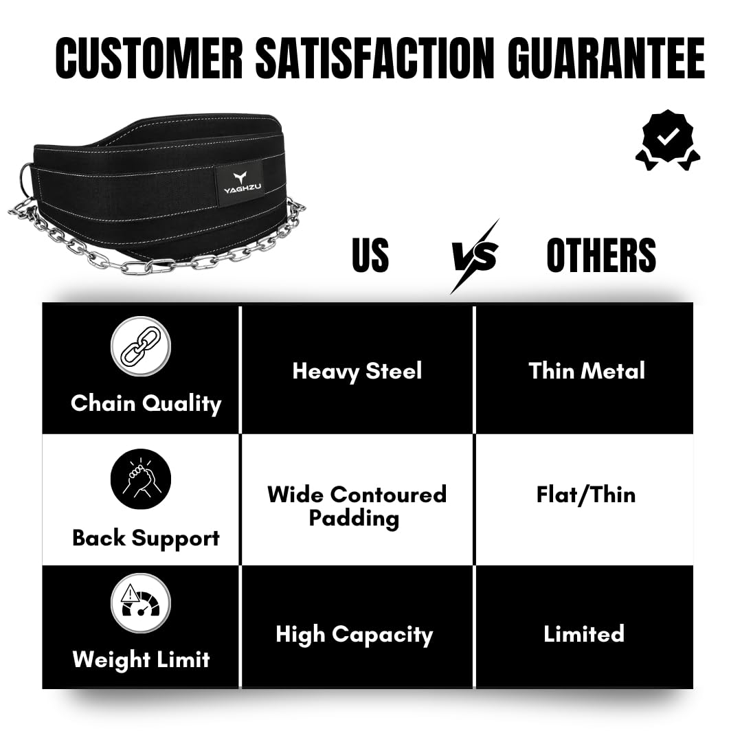 YAGHZU Dip Belt with Chain – Weighted Pull Up Belt, Dip Weight Belt, Weightlifting Belt for Pullups, Squats, and Dips, Belt Squat Attachment Ideal Weight Belt for Pullups, Weightlifting, and Gym Workouts (Black)