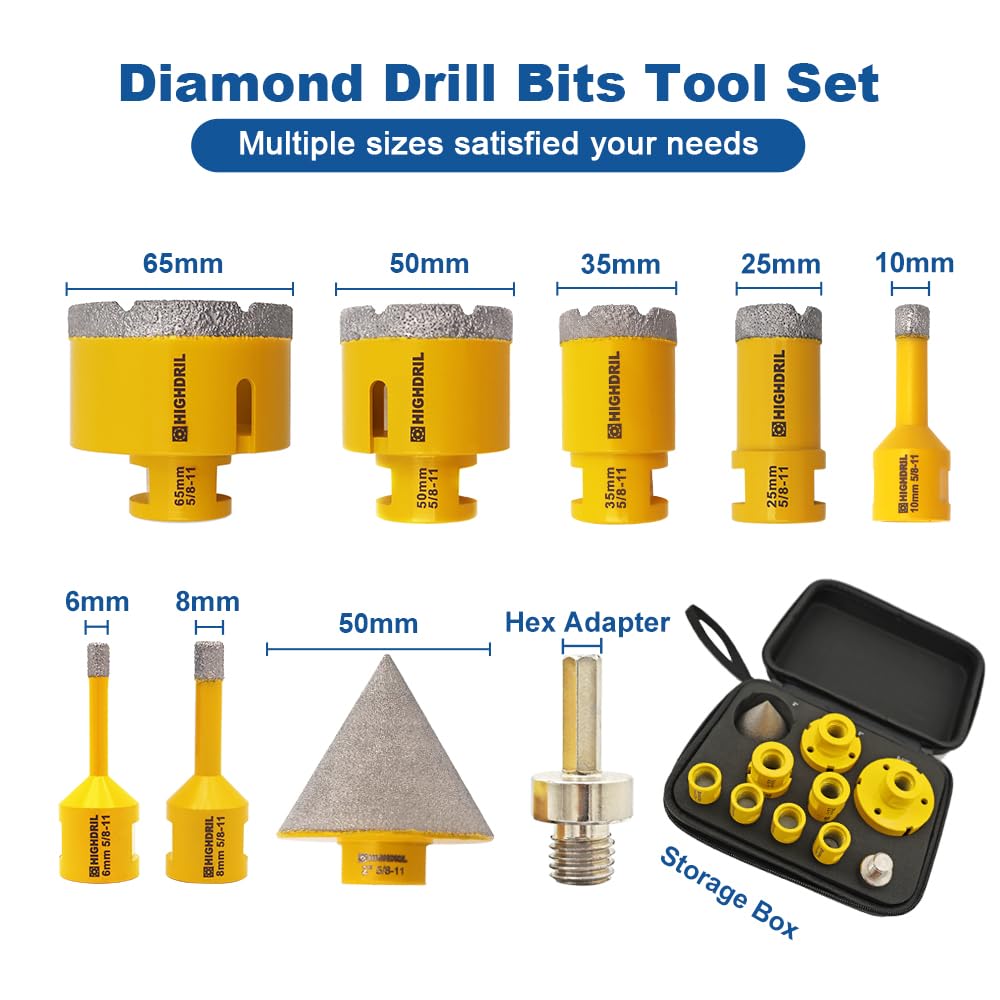 HIGHDRIL Diamond Drill Bits Kit with 5/8-11 for Porcelain Tile Ceramic Marble Brick Concrete Vacuum Brazed Hole Saw(6/6/8/20/25/35/50mm+35mm Chamfer Bit+Adapter)