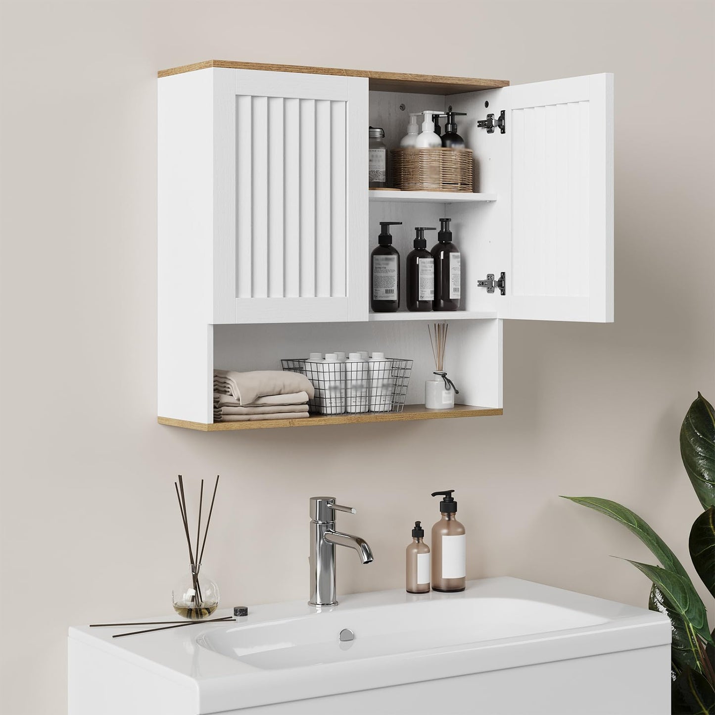 Kiasthome Bathroom Wall Cabinet, Medicine Cabinet with Louvered Doors & Adjustable Shelf, Over The Toilet Storage Cabinet for Laundry Room & Kitchen & Living Room