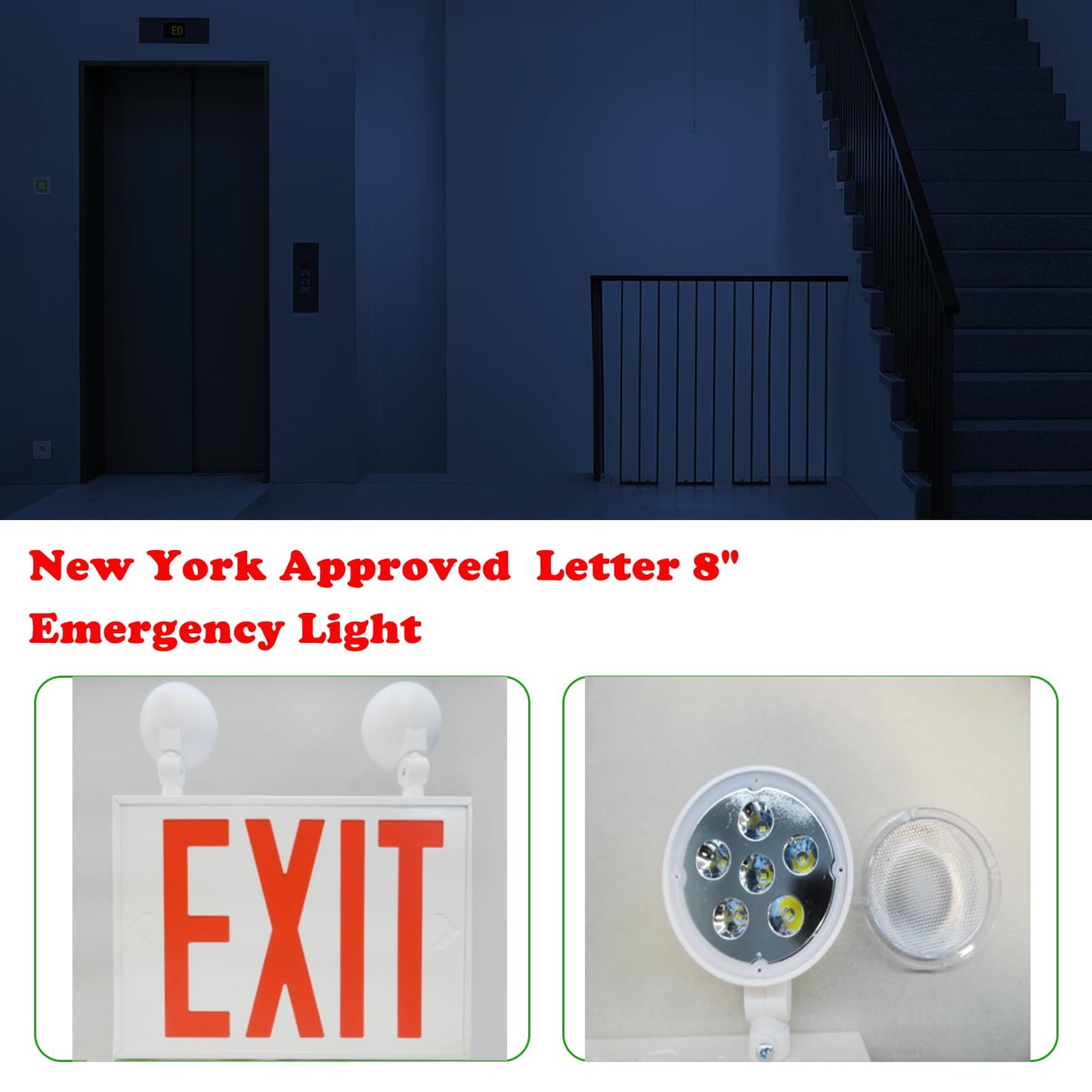 Garrini New York Approved Letter 8" Steel LED Emergency Light Exit Sign Combo Adjustable Lamps Heads, 120-277V, Single and Double Faces, Fire Resistant UL Certified NYC-2000 (2 Heads)