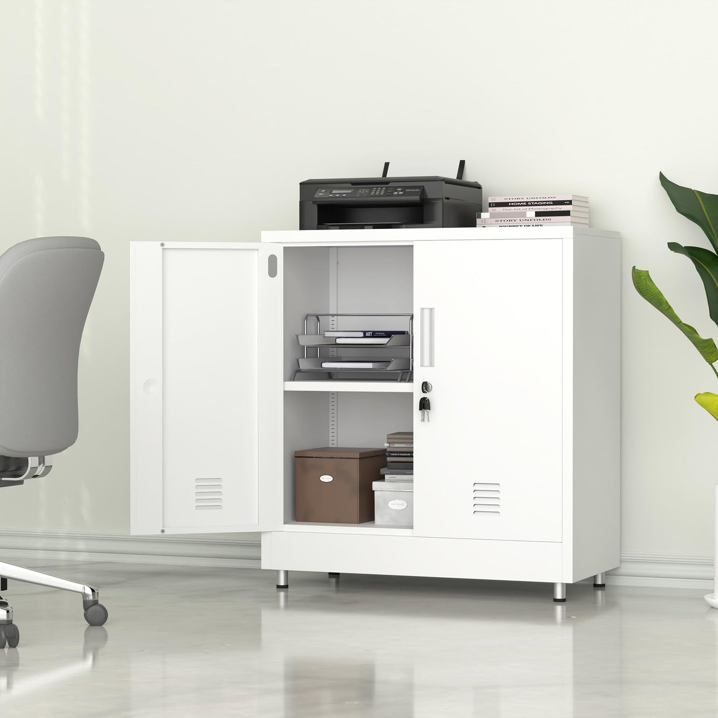 JINKUR Metal Storage Cabinet with Locking Doors and Adjustable Shelf, Small Lockable Sideboard Buffet Cabinet for Home, Office, Entryway, Hallway, Living Room, Kitchen and Dining Room, White