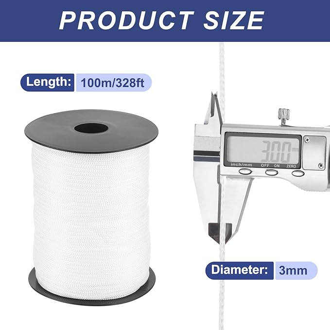 MECCANIXITY 1/8 Inch Polypropylene Rope Braided Ropes, 328ft Nylon Rope Hollow Utility Cord String for Clothesline, Camping, Hiking, Outdoor, White