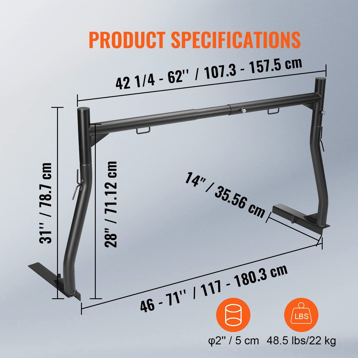 VEVOR Extendable Steel Truck Ladder Rack - 800 lbs Capacity, 46-71 inch, Non-Drilling for Kayak, Surfboard, Lumber, Ladder
