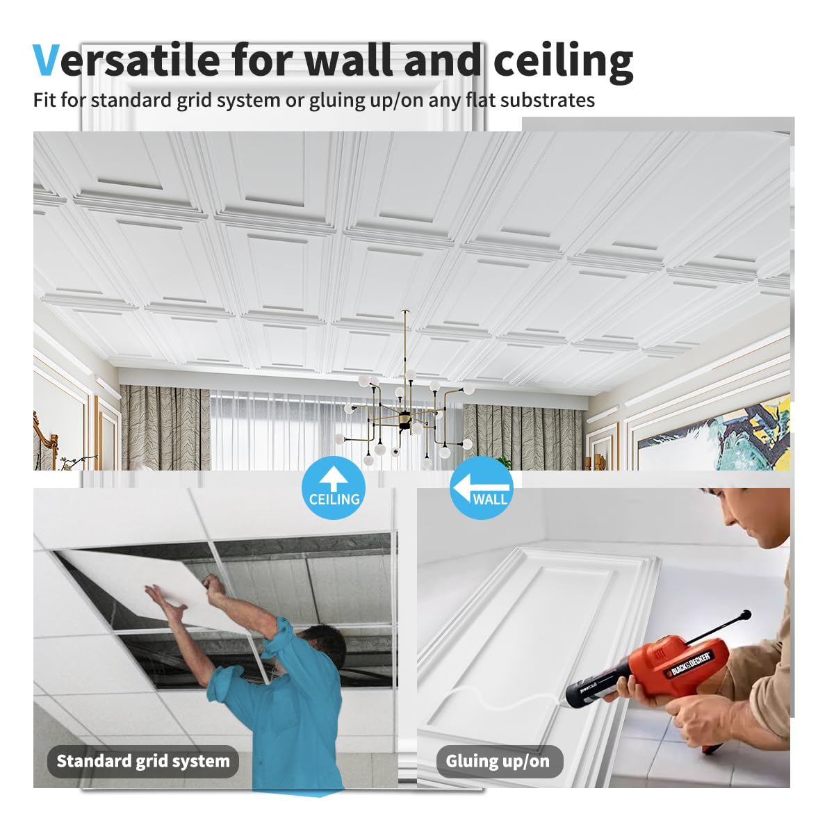Art3d Drop Ceiling Tiles, 24x48in. White (12-Pack), Polyvinyl Chloride (PVC), Glue Down
