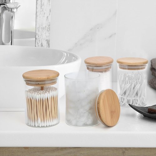 BKYFPQ Glass Qtip Holder Dispenser Set - 4 Apothecary Jars with Lids for Makeup & Bathroom Storage