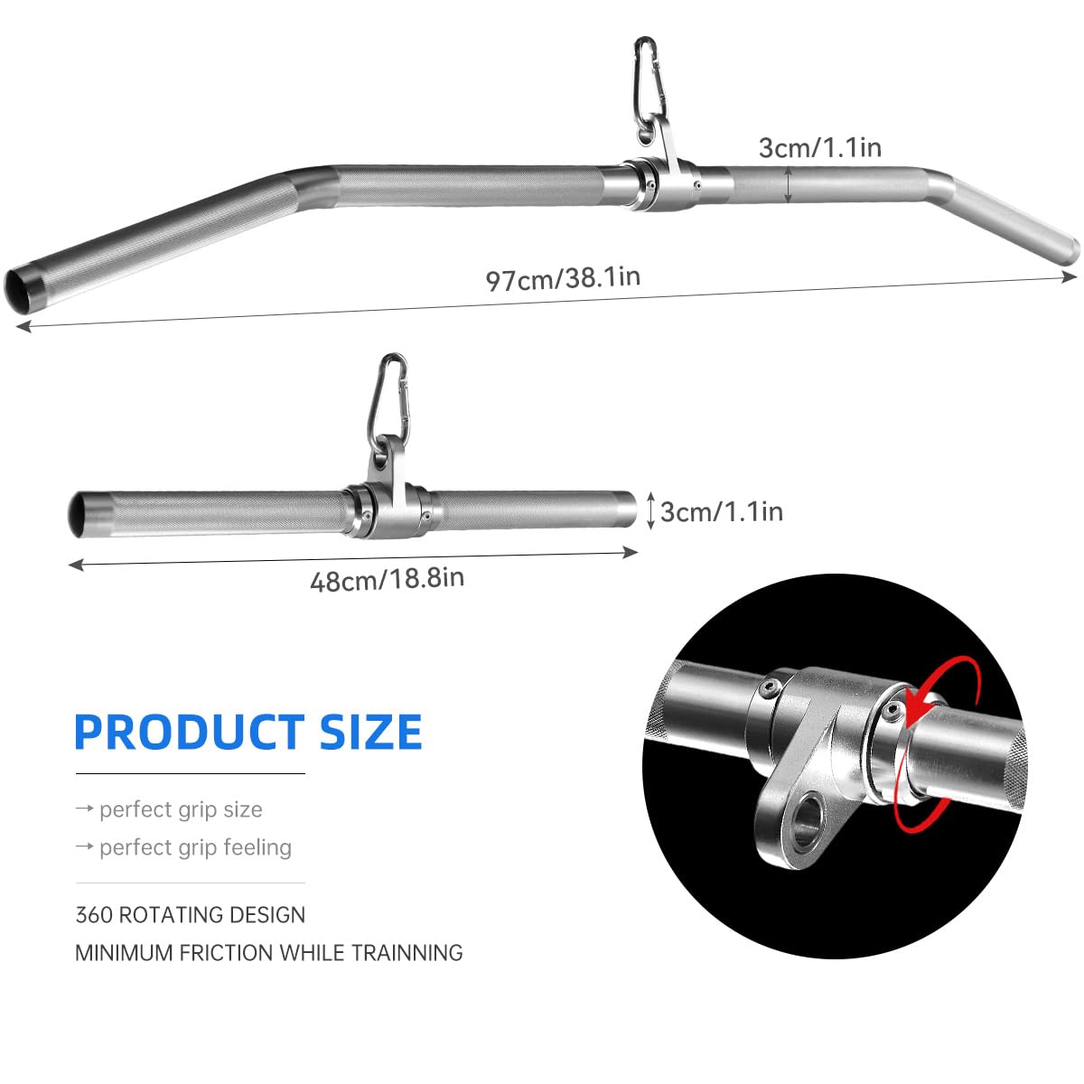Lat Pulldown Attachments, Straight Bar Cable Attachments, Lat Pull Down Bar, Curl Pulldown Bar, Sturdy & Lightweight Aluminum, Non-Slip Grip, Full Rotation, Max Load 1000LBS