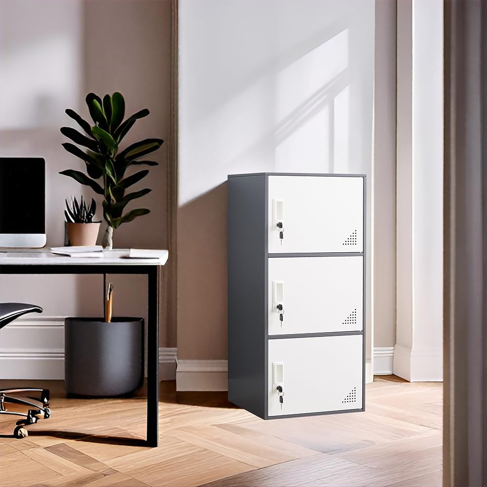 FURSTEL Student Locker Organizer, Multi-Door Steel Locker, Small Locking Cabinet Storage Organizer, Office File Cabinet, Home Locker, Gym Locker, Metal Storage Locker (3 Door, Gray & White)