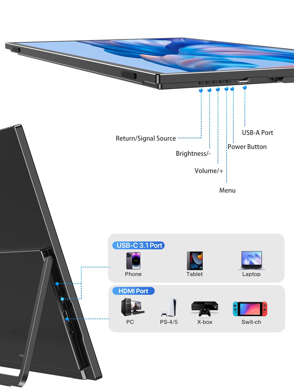 21.5'' Large Portable Monitor for Laptop 100Hz Ultra-Fast IPS Gaming Monitor, QLED 125%sRGB | 2000:1 Contrast | Built-in Stand, Speaker and VESA, USB-C HDMI Second Screen Efficient Work Gaming