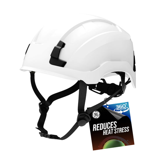 GE Safety Helmet: ANSI Type 2, Advanced Impact Technology, Ultra Comfortable Memory Foam, Heat Stress Reduction, Compatible w/Accessories, Adjustable Size - White, Class E (Non-Vented) OSHA Approved