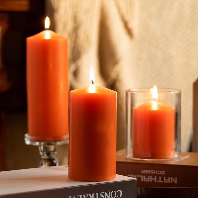 MOZEAL 3" x 4" Hand-Poured Unscented Orange Pillar Candles,Dripless Candles Set of 3,Smokeless,Clean Burning,Approx 60 Hours Burn Time,Thanksgiving,Halloween,Fall and Home Decor（3 Inch Width Series）