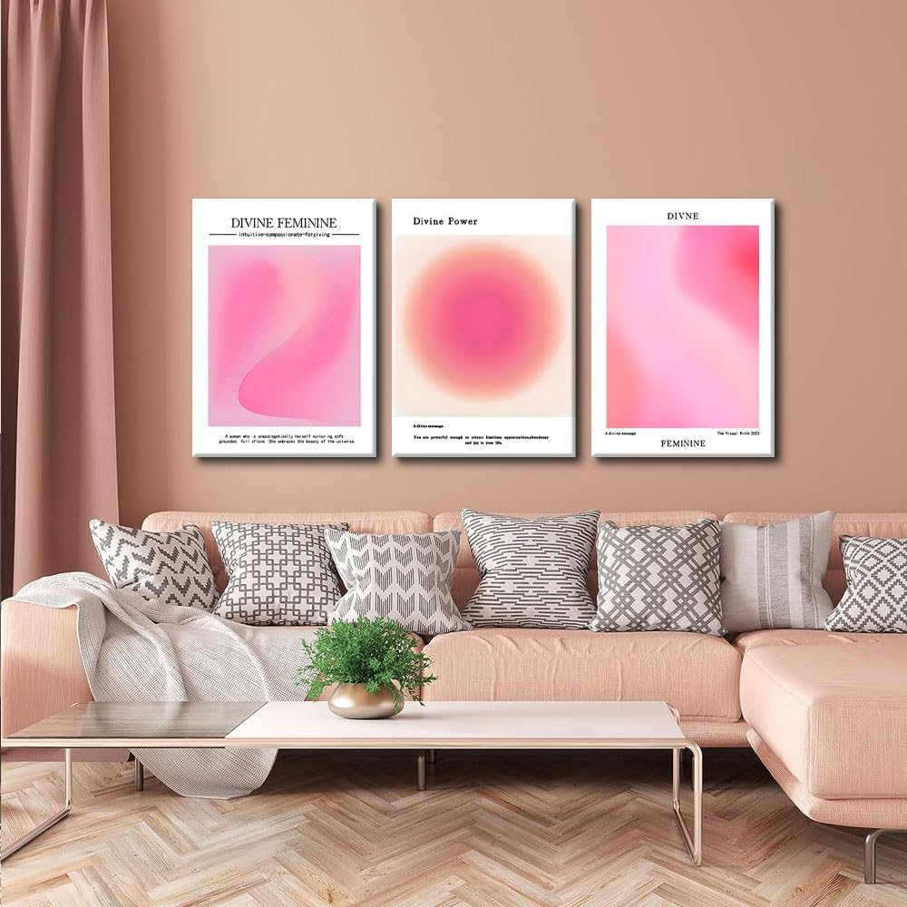 Skiennix Canvas Wall Art Set of 3 - Pink Gradient Aura Angel Posters | Framed 12x16 Inch Decor for Bedroom & Living Room