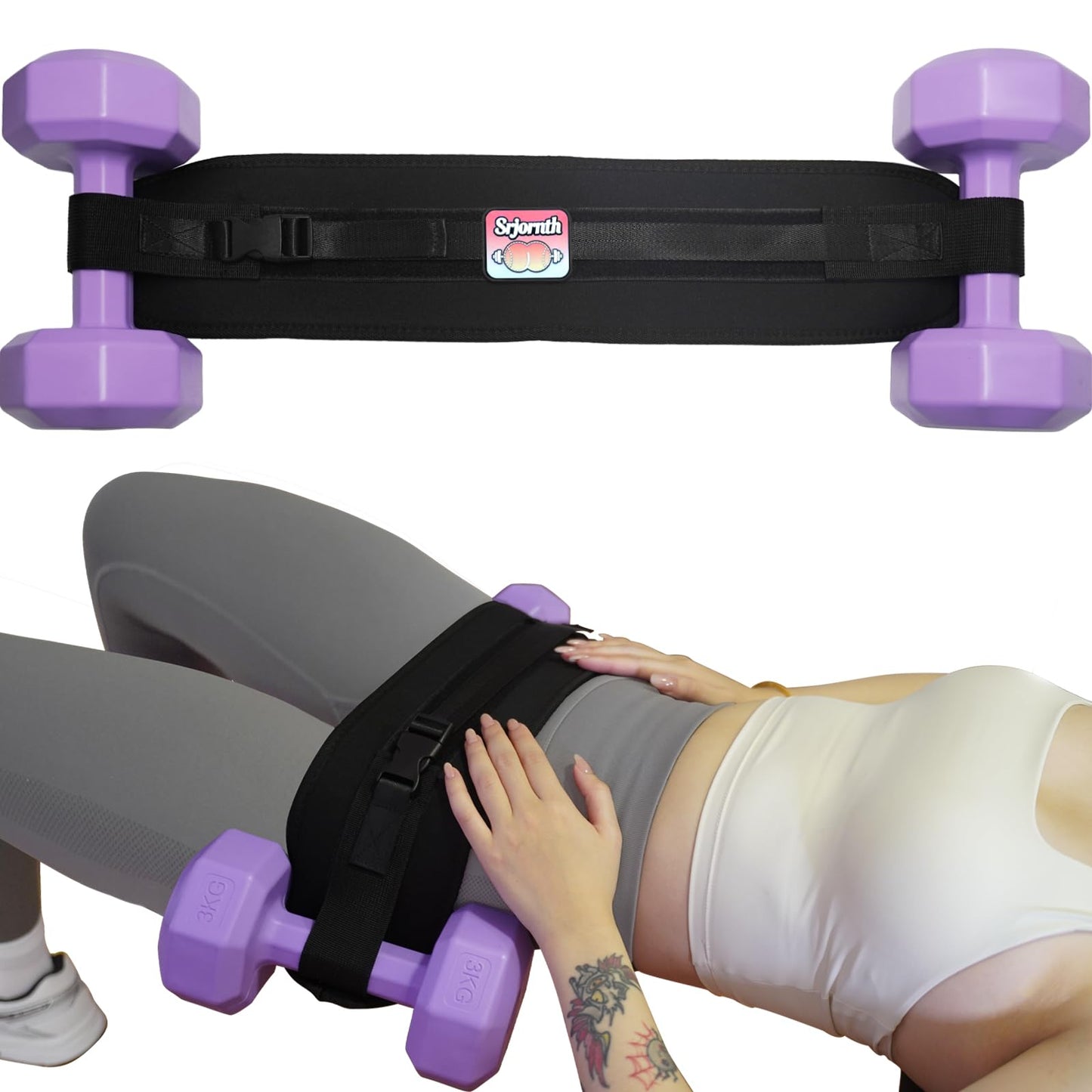 Srjornth Pro Portable Hip Thrust Belt - Premium Booty Builder for Dumbbell & Kettlebell Workouts | Gym, Home & Travel Glute Trainer | Lightweight & Foldable Design | Attached is a Velcro badge |Slip-Resistant Padding for Hip Protection (Black)