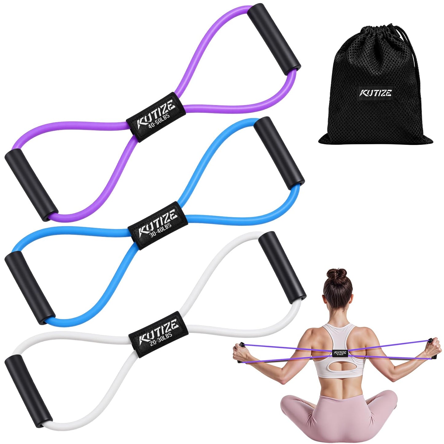 KUTIZE Figure 8 Resistance Bands with Handles, 8 Shaped Resistance Bands for Women Men, Exercise Bands for Arm, Chest, Shoulder & Back Workout, Home Gym Equipment for Yoga, Pilates, Physical Therapy
