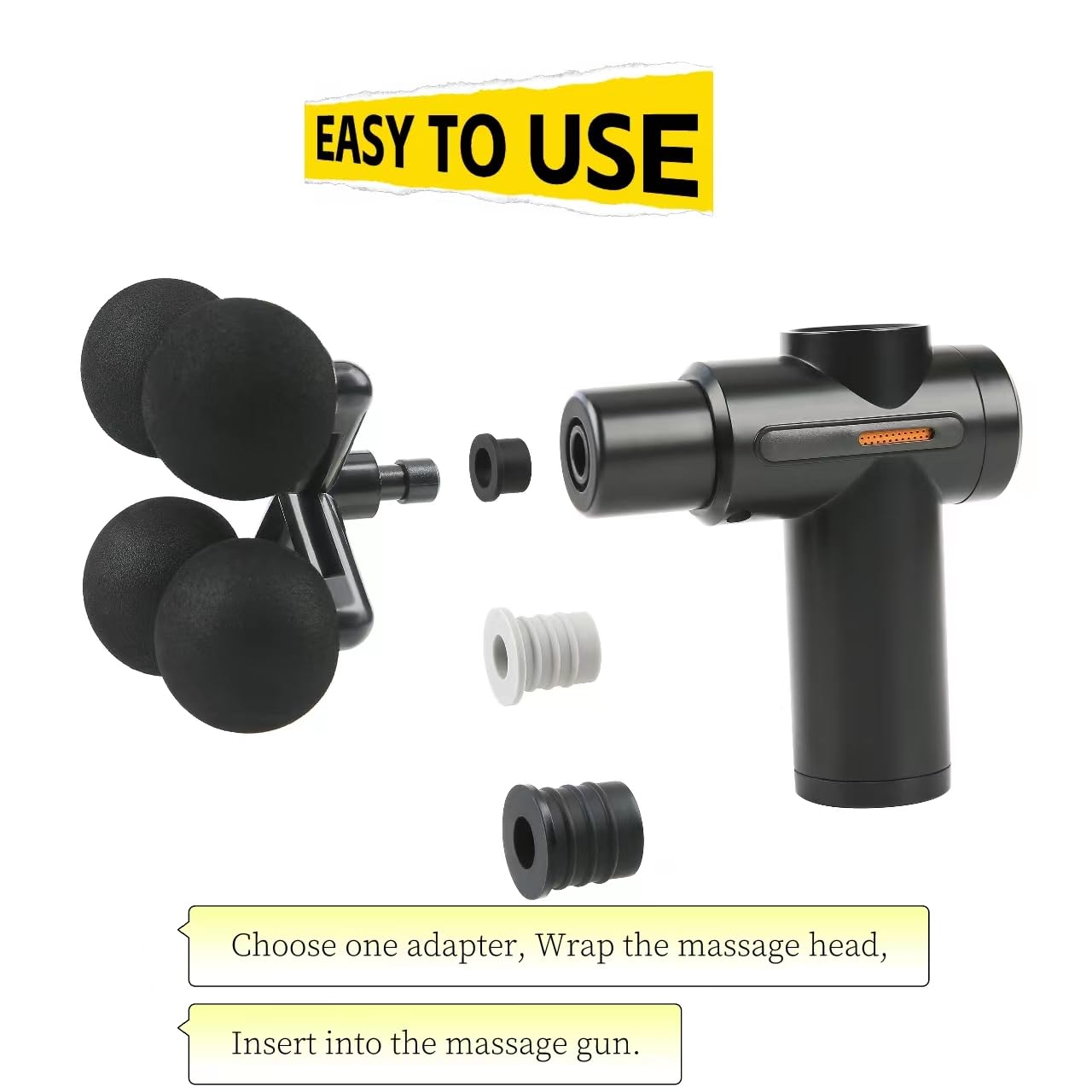Falafale Massager Head with 4 Round Balls Massage Gun Soft Heads Replacement 4 Balls Massage Head with 3 Sizes Silicone Adapters