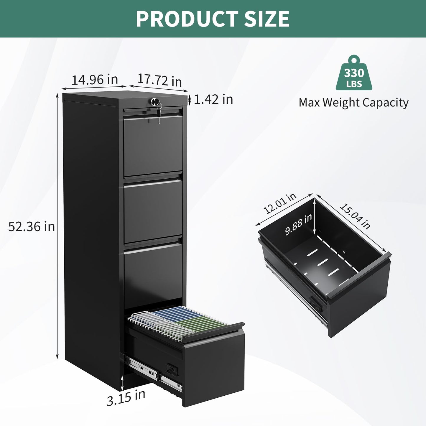 4 Drawer Vertical File Cabinet, Cold-Rolled Steel Locking Filing Cabinet with Anti-Tilt System, 330 Lbs Weight Capacity, Powder Coated Black, for Letter/Legal/A4/F4 Files, Home Office Commercial Use